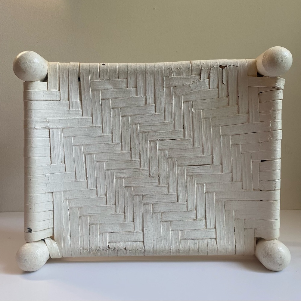 {SOLD} Vintage woven rattan + wood foot stool, painted white - Picture 3 of 7